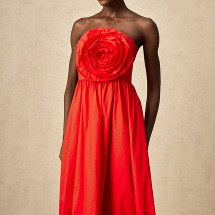 Ruby Maxi Dress Red Off-Shoulder 3D Petal Pleated Sleeveless Elegant Sophisticated Women's Fashion