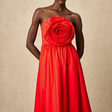 Ruby Red Maxi Dress with 3D petal details and pleated accents, crafted from Terylene and Cotton blend for style and comfort