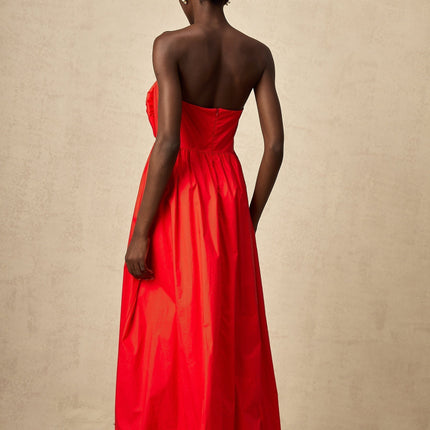 Ruby Red Maxi Dress with 3D Petal Details and Pleated Accents