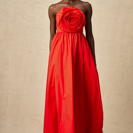 Ruby Red Maxi Dress with 3D petal details and pleated accents, crafted from Terylene and Cotton