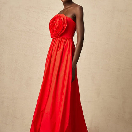 Ruby Red Maxi Dress with 3D petal details and pleated accents
