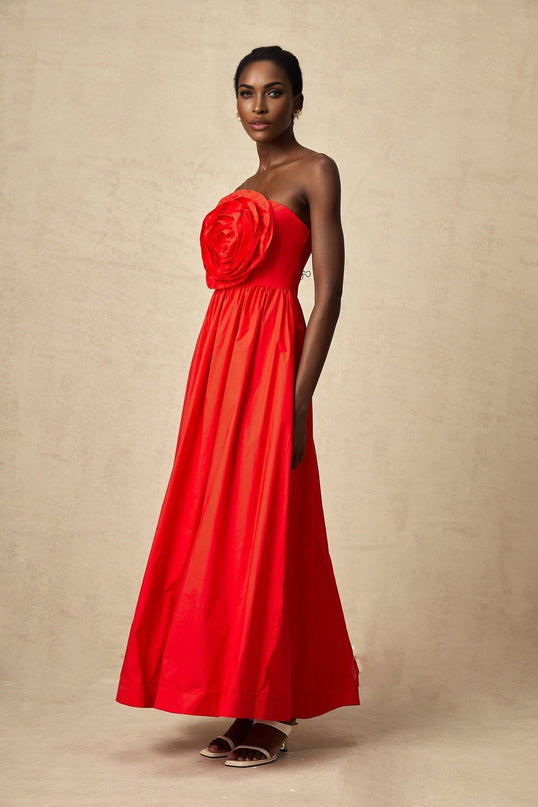 Ruby Red Maxi Dress with 3D petal details and pleated accents