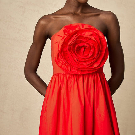 Ruby Red Maxi Dress with 3D petal details and pleated accents, crafted from Terylene and Cotton blend for elegance and comfort