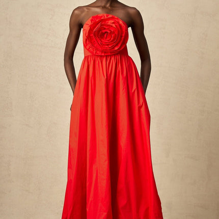 Ruby Red Maxi Dress with 3D petal details and pleated accents, crafted from Terylene and Cotton