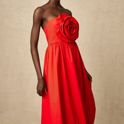 Ruby Red Maxi Dress with 3D petal details and pleated accents, crafted from Terylene and Cotton blend