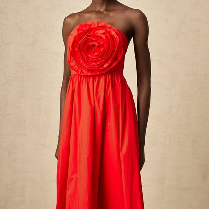 Ruby Red Maxi Dress with 3D petal details and pleated accents, crafted from Terylene and Cotton blend for elegance and comfort