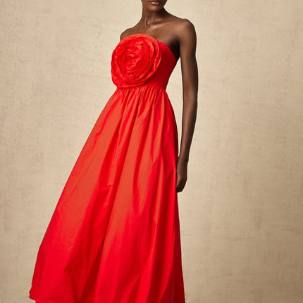 Ruby Red Maxi Dress with 3D petal details and pleated accents, crafted from Terylene and Cotton blend for style and comfort