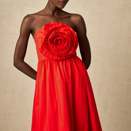 Ruby Red Maxi Dress Off-Shoulder 3D Petal Pleated Zip Fastening Sleeveless Luxury Blend Terylene Cotton Women Fashion Elegant Sophisticated Special Occasions