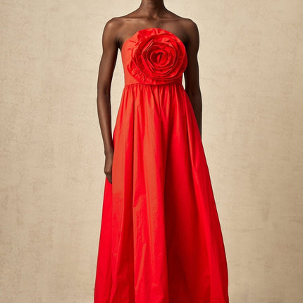 Ruby Red Maxi Dress with 3D petal details and pleated accents