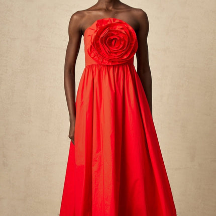 Ruby Red Maxi Dress with 3D petal details and pleated accents, crafted from Terylene and Cotton blend for elegance and comfort