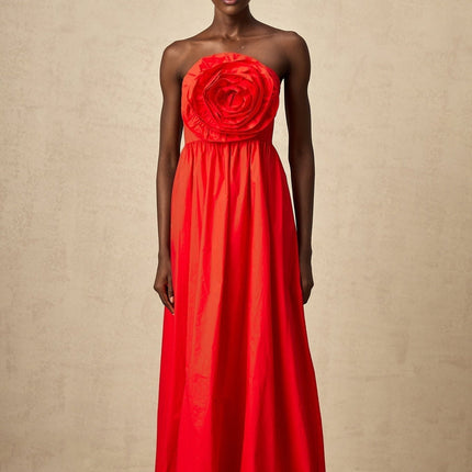 Ruby Red Maxi Dress with 3D petal details and pleated accents, crafted from Terylene and Cotton blend for special occasions