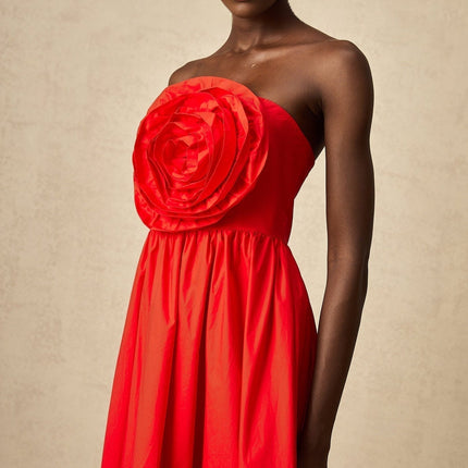 Ruby Red Maxi Dress with 3D petal details and pleated accents