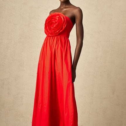 Ruby Red Maxi Dress with 3D petal details and pleated accents