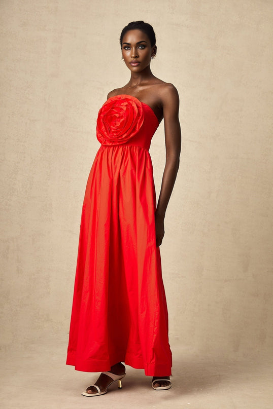 Ruby Red Maxi Dress with 3D petal details and pleated accents