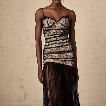 Rylan Black Floral Midi Dress with Lace Detailing and High Slit
