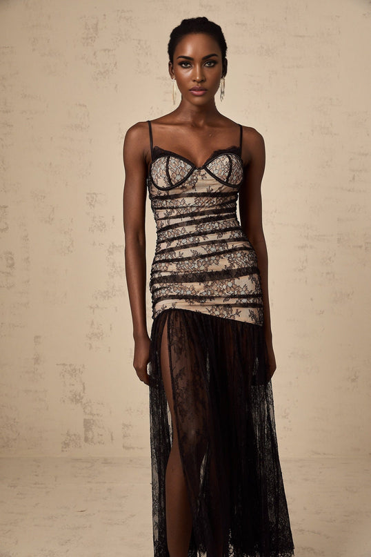 Rylan Black Floral Midi Dress with Lace Detailing and High Slit