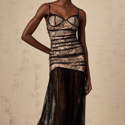 Rylan Black Floral Midi Dress with Lace Detailing and High Slit