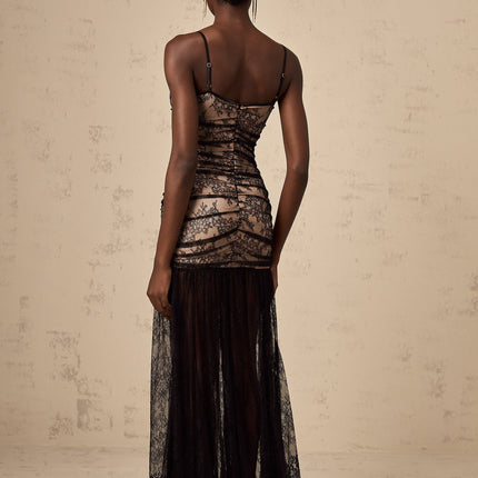 Rylan Black Floral Midi Dress with Lace Detailing and High Slit