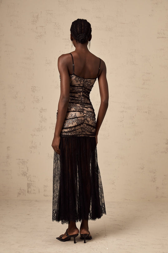 Rylan Black Floral Midi Dress with Lace Detailing and High Slit
