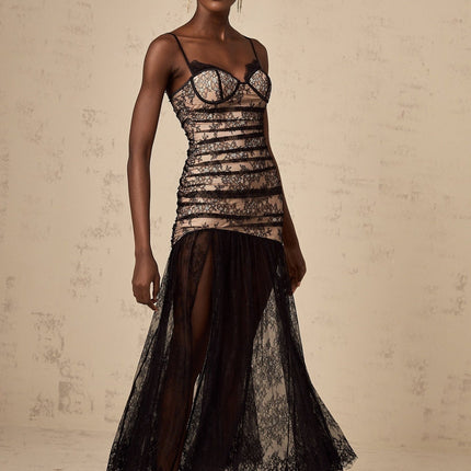 Rylan Black Floral Midi Dress with Lace Detailing and High Slit