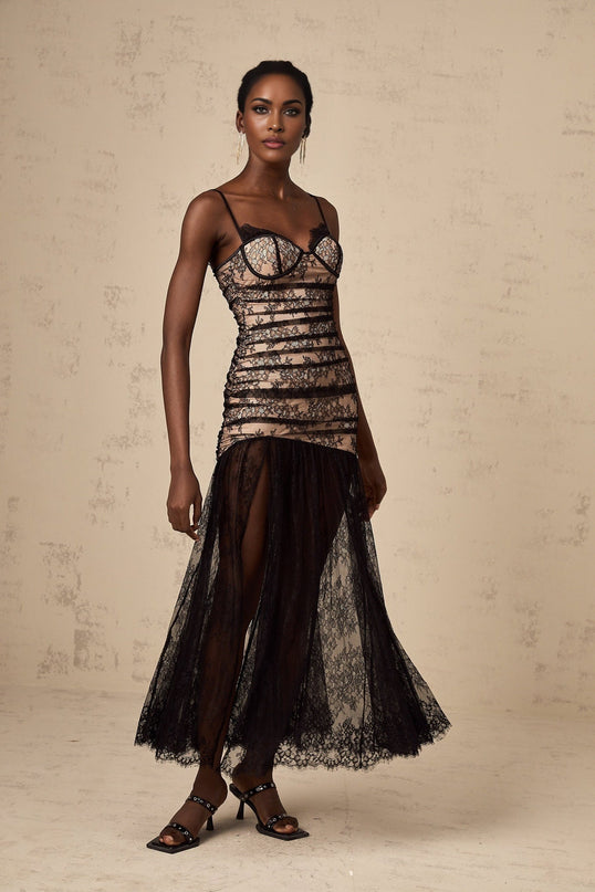 Rylan Black Floral Midi Dress with Lace Detailing and High Slit