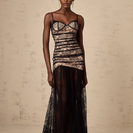 Rylan Black Floral Midi Dress with Lace Detailing and High Slit