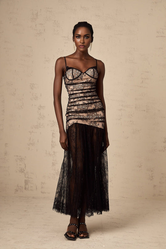 Rylan Black Floral Midi Dress with Lace Detailing and High Slit