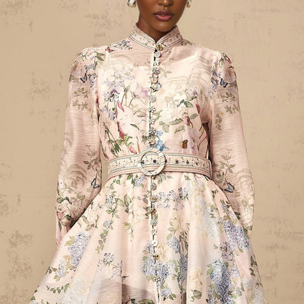 Rylan Mini Dress Belted Flounce in Light Pink & Multicolor Floral Print Long Sleeve Crew Neck