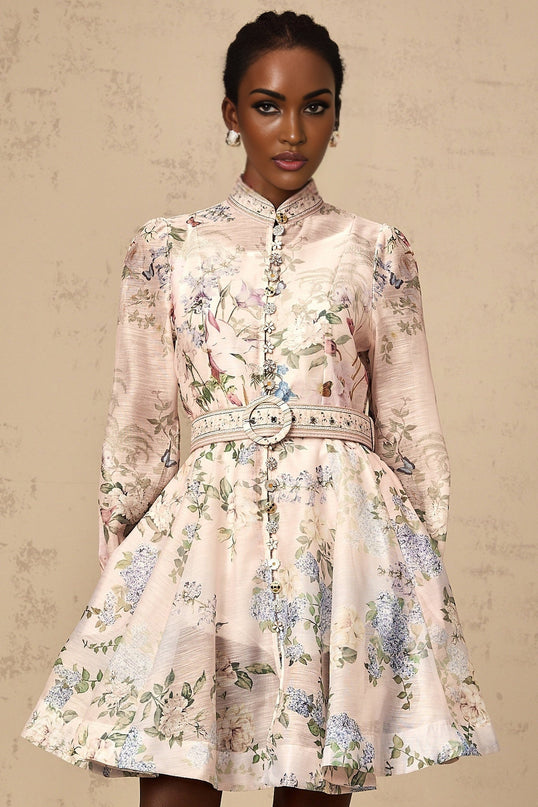 Rylan Mini Dress Belted Flounce in Light Pink & Multicolor Floral Print Long Sleeve Crew Neck