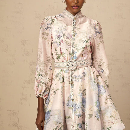 Rylan Mini Dress Belted Flounce in Light Pink & Multicolor Floral Print