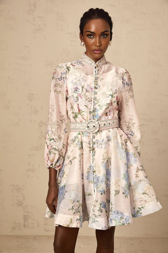 Rylan Mini Dress Belted Flounce in Light Pink & Multicolor Floral Print