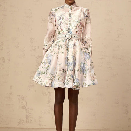 Rylan Mini Dress Belted Flounce Light Pink Multicolor Floral Print Long Sleeve Crew Neck Buttons Slit Pockets Mixed Linen