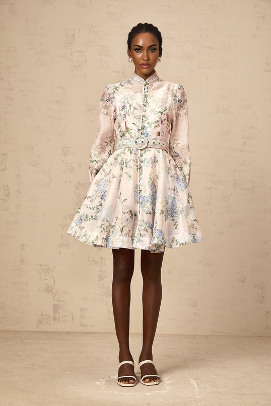 Rylan Mini Dress Belted Flounce Light Pink Multicolor Floral Print Long Sleeve Crew Neck Buttons Slit Pockets Mixed Linen