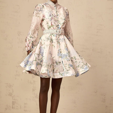 Rylan Mini Dress Belted Flounce Light Pink & Multicolor Floral Print Long Sleeve Crew Neck Thigh-Length Dress