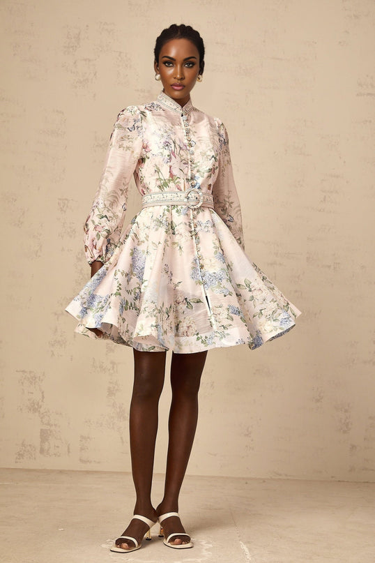 Rylan Mini Dress Belted Flounce Light Pink & Multicolor Floral Print Long Sleeve Crew Neck Thigh-Length Dress