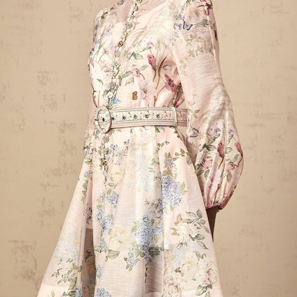 Rylan Mini Dress Belted Flounce Light Pink Multicolor Floral Print Long Sleeve Crew Neck Button Detail Slip Dress Thigh Length