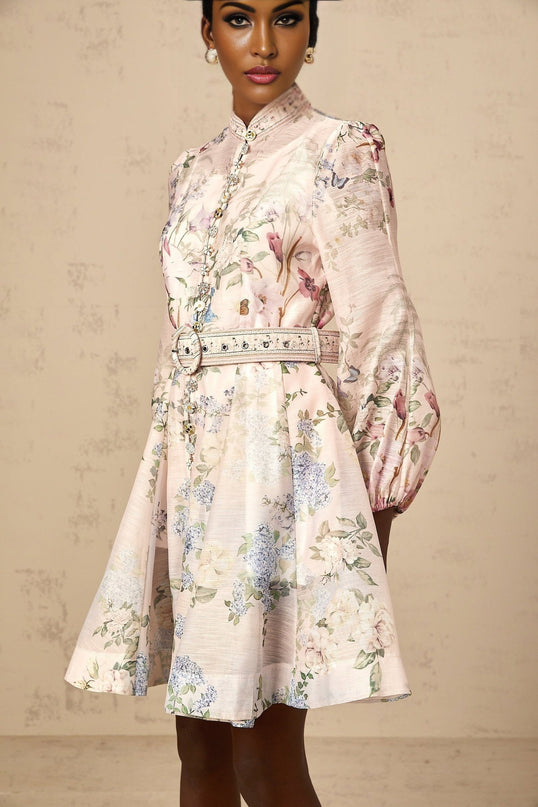 Rylan Mini Dress Belted Flounce Light Pink Multicolor Floral Print Long Sleeve Crew Neck Button Detail Slip Dress Thigh Length