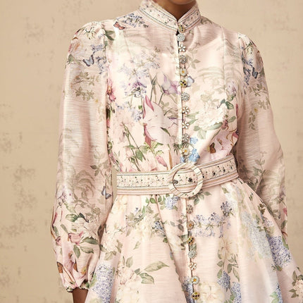 Rylan Mini Dress Belted Flounce Light Pink & Multicolor Floral Print Long Sleeve Crew Neck