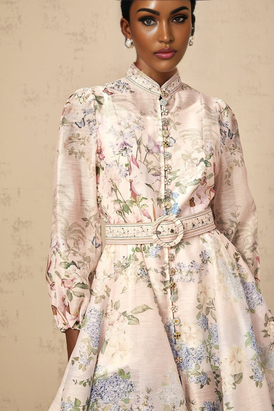 Rylan Mini Dress Belted Flounce Light Pink & Multicolor Floral Print Long Sleeve Crew Neck