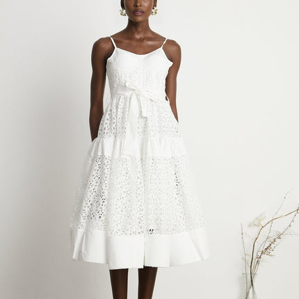 Rylan White Bustier Midi Dress with Cut-Out Details and Belted Waist