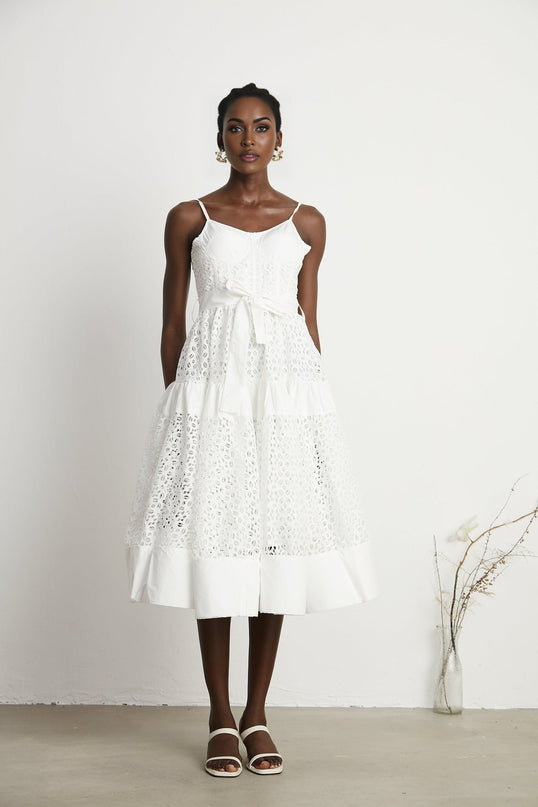 Rylan White Bustier Midi Dress with Cut-Out Details and Belted Waist