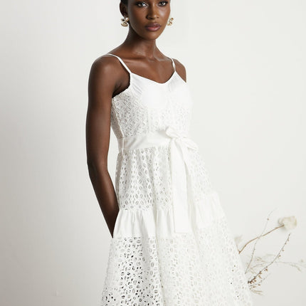 Rylan White Bustier Midi Dress with Cut-Out Details and Belted Waist