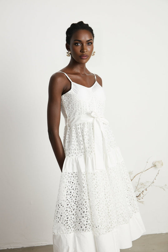 Rylan White Bustier Midi Dress with Cut-Out Details and Belted Waist