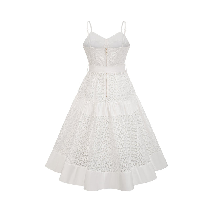 Rylan White Bustier Midi Dress with Cut-Out Details and Belted Waist