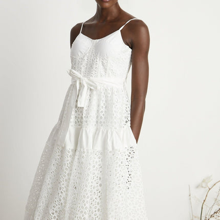 Rylan White Midi Dress with Spaghetti Straps and Cut-Out Details