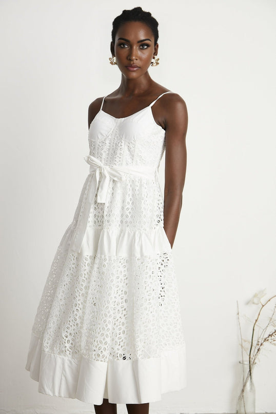 Rylan White Midi Dress with Spaghetti Straps and Cut-Out Details