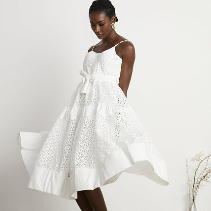 Rylan White Midi Dress Spaghetti Straps Bustier Style Cut-Out Details Belted Waist Rear Zip Fastening Cotton Polyamide Fiber