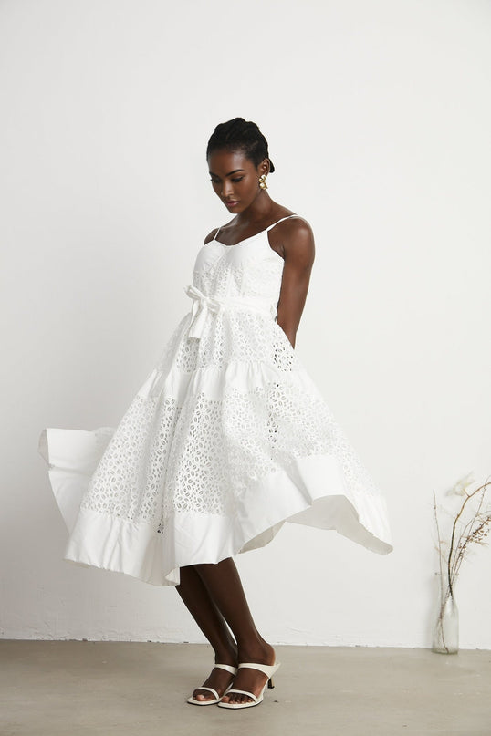 Rylan White Midi Dress Spaghetti Straps Bustier Style Cut-Out Details Belted Waist Rear Zip Fastening Cotton Polyamide Fiber