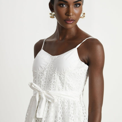 Rylan White Midi Dress Spaghetti Straps Cut-Out Details Belted Waist Rear Zip Fastening