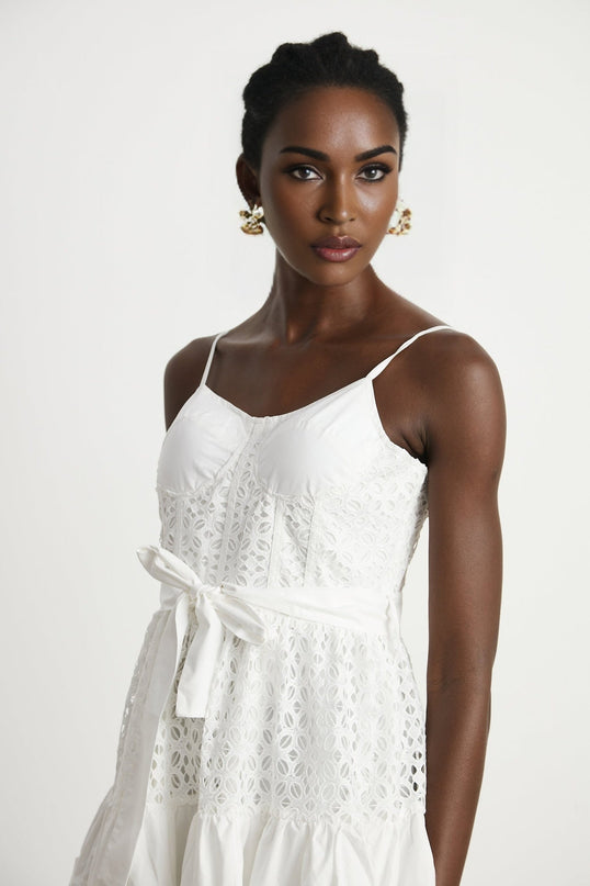 Rylan White Midi Dress Spaghetti Straps Cut-Out Details Belted Waist Rear Zip Fastening
